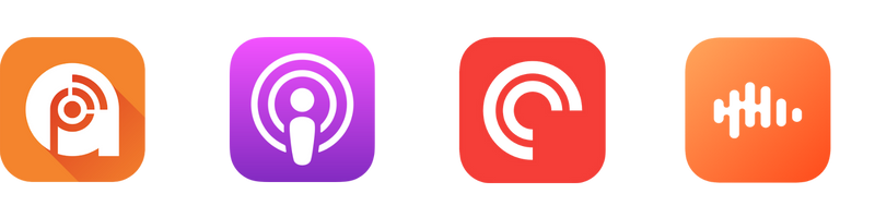 Logos of podcast apps where employees can listen to Brandscast episodes